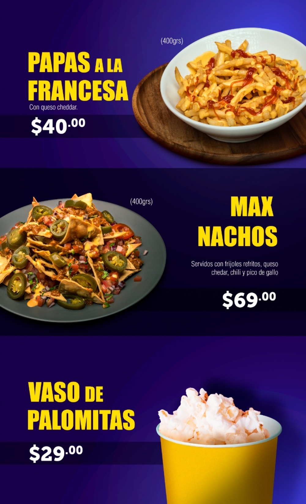 Papas, Nachos y Palomitas